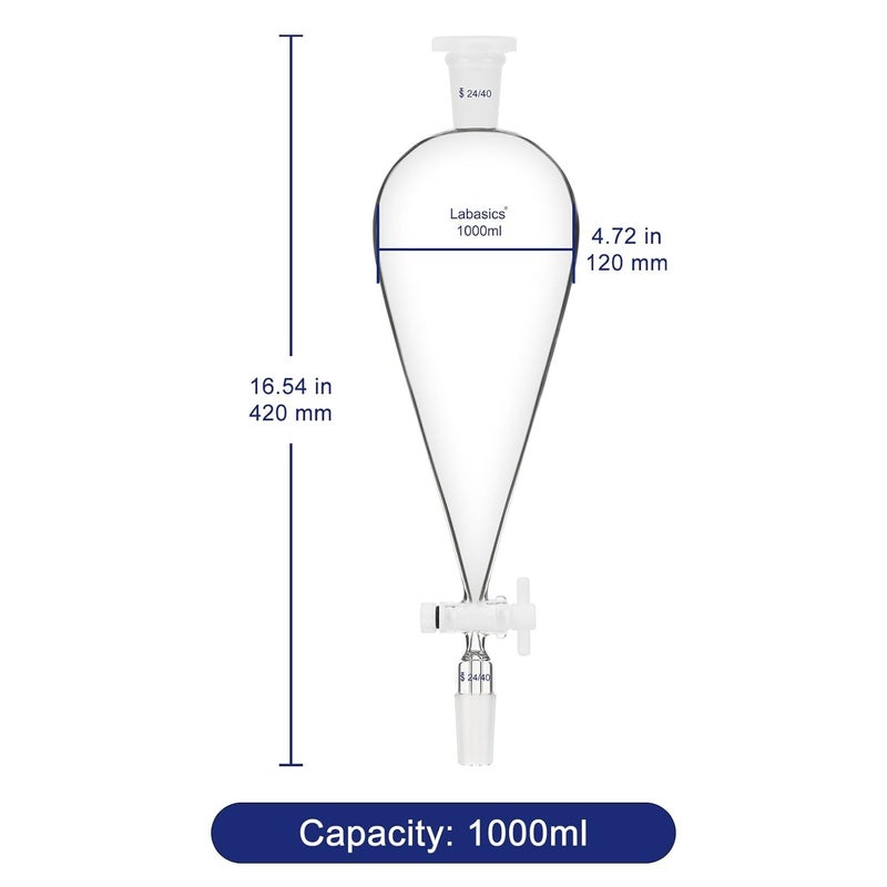 Labasics 1000 ml Conical Pear-Shaped Separatory Funnel with PTFE Stopcock, Heavy Wall Borosilicate Glass with 24/40 Joints - Image 4